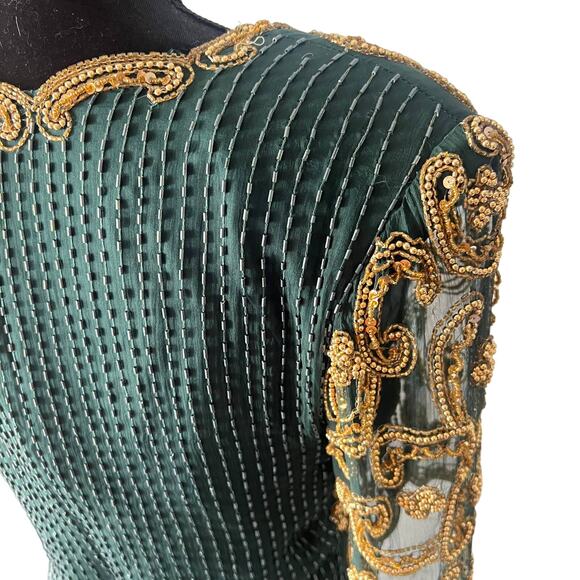 Riva Design Vintage 80s Silk Beaded Long Dress-Green/Gold-Medium-NEW-DEADSTOCK - Picture 10 of 12